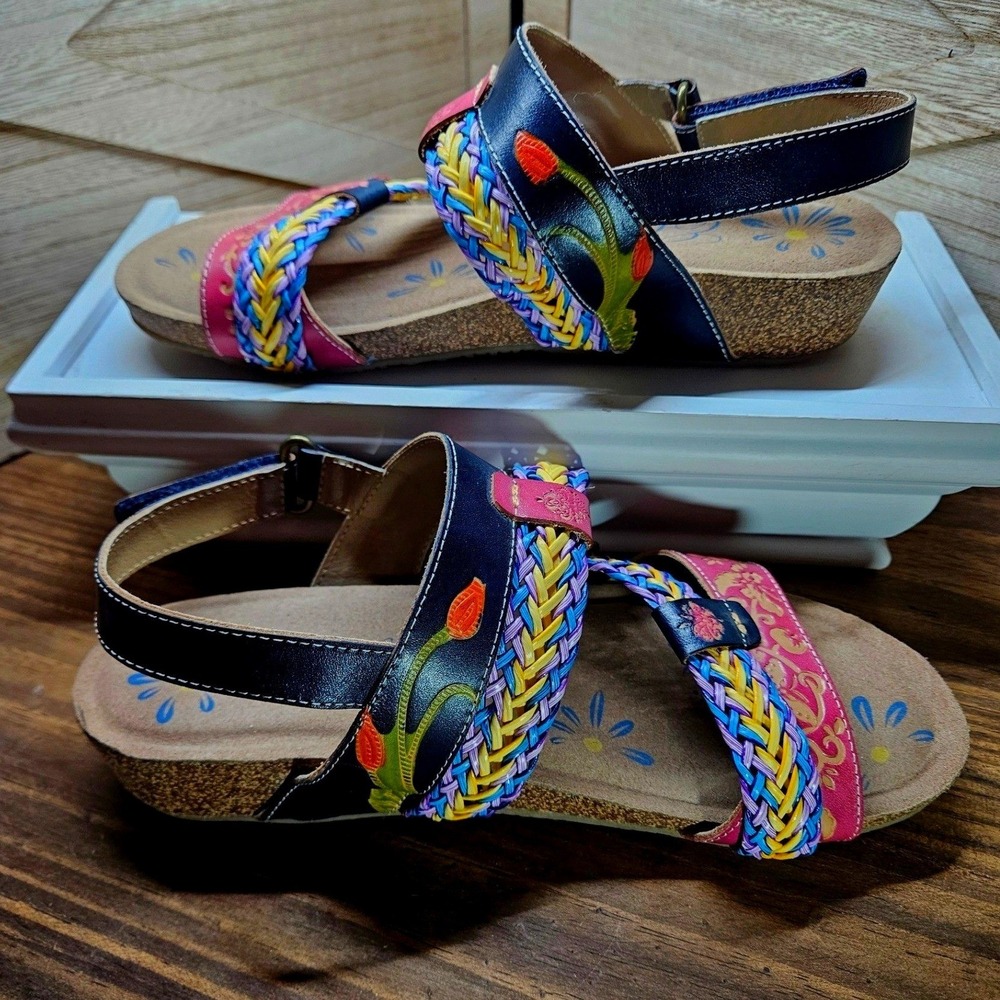 Corkys Crown Elite Sz 7 Floral Braided Leather Wedge Sandals‎ #551